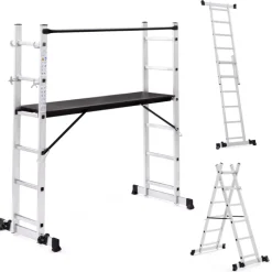 Échafaudage aluminium plateforme modulable avec échelle multifonction, sur roues, 165 cm