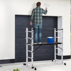 Échafaudage aluminium plateforme modulable avec échelle multifonction, sur roues, 165 cm