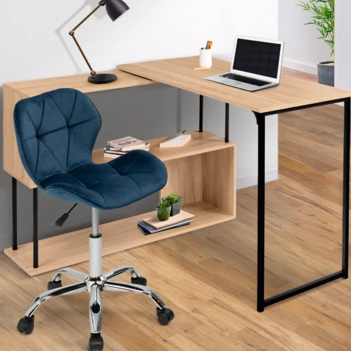 Chaise de bureau velours bleu à roulettes