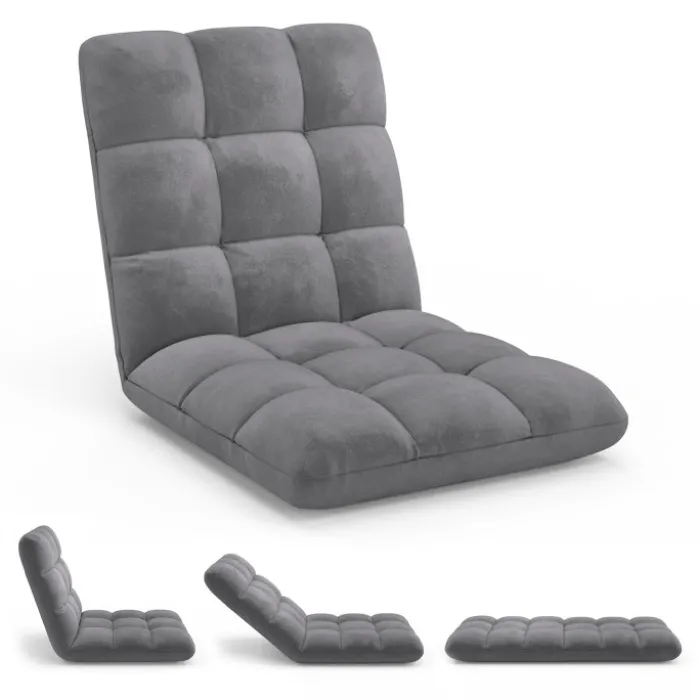 Chaise de sol pliante 15 positions en velours gris anthracite