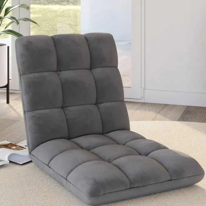 Chaise de sol pliante 15 positions en velours gris anthracite