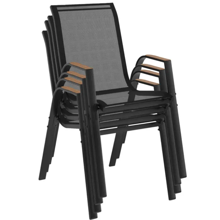 Chaises de jardin empilables noir et bois métal et textilène