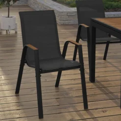 Chaises de jardin empilables noir et bois métal et textilène
