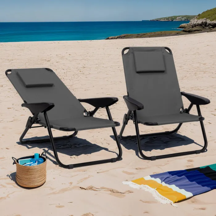 Chaises de plage pliantes gris anthracite avec dossier inclinable