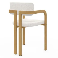 Chaises de salle à manger en métal effet bois et tissu blanc bouclette avec accoudoirs