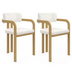 Chaises de salle à manger en métal effet bois et tissu blanc bouclette avec accoudoirs