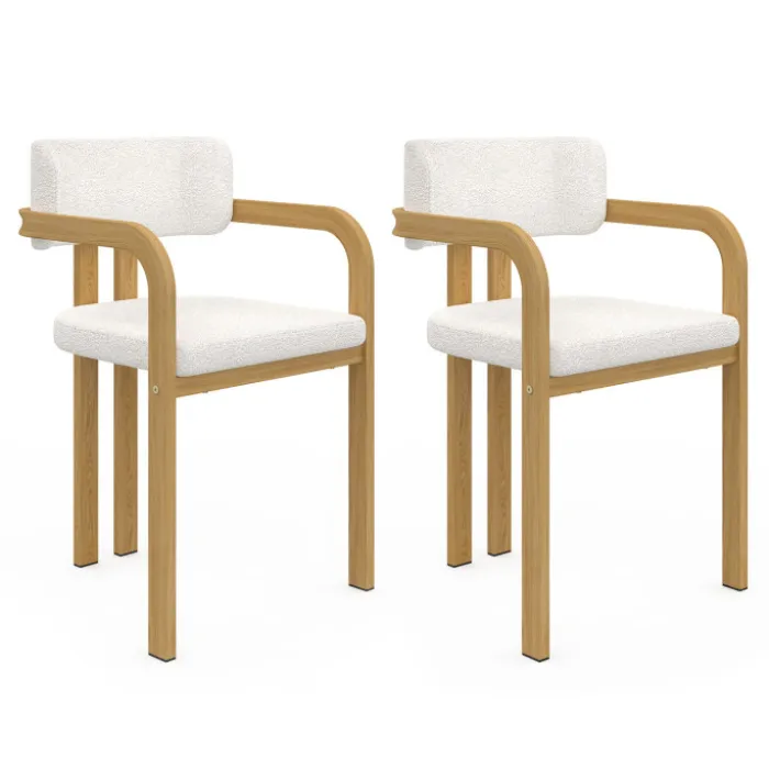 Chaises de salle à manger en métal effet bois et tissu blanc bouclette avec accoudoirs
