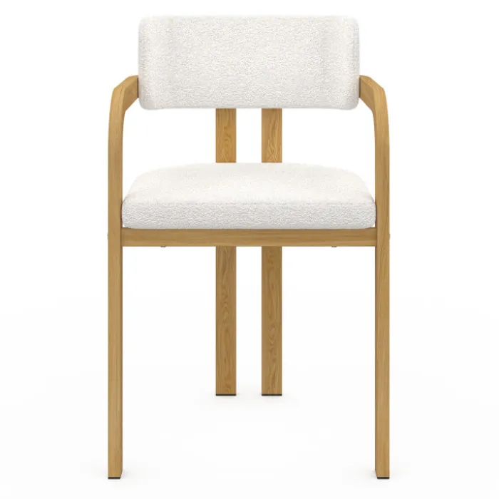 Chaises de salle à manger en métal effet bois et tissu blanc bouclette avec accoudoirs