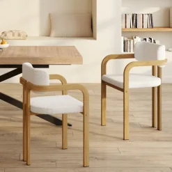 Chaises de salle à manger en métal effet bois et tissu blanc bouclette avec accoudoirs