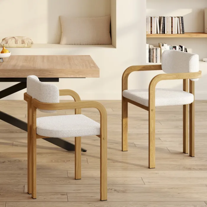 Chaises de salle à manger en métal effet bois et tissu blanc bouclette avec accoudoirs