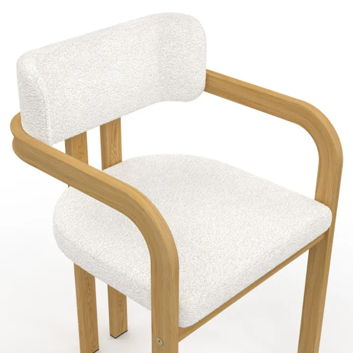 Chaises de salle à manger en métal effet bois et tissu blanc bouclette avec accoudoirs