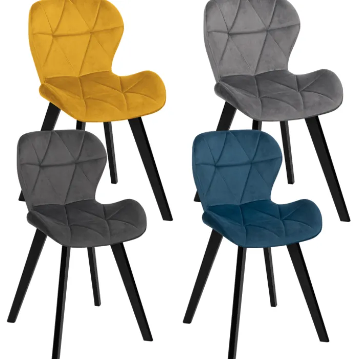 Chaises en velours matelassée bleu, gris foncé, gris clair et jaune