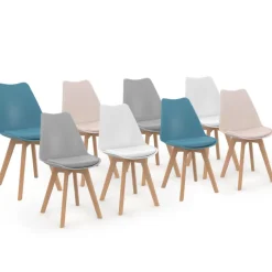 Chaises scandinaves 4 couleurs : pastel rose x2, blanc x2, gris clair x2 et bleu x2