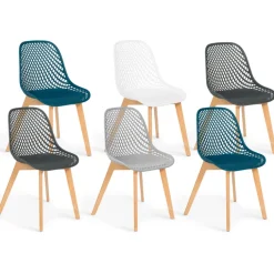 Chaises scandinaves bleu x2, blanc, gris clair et gris foncé x2 avec dossier ajouré