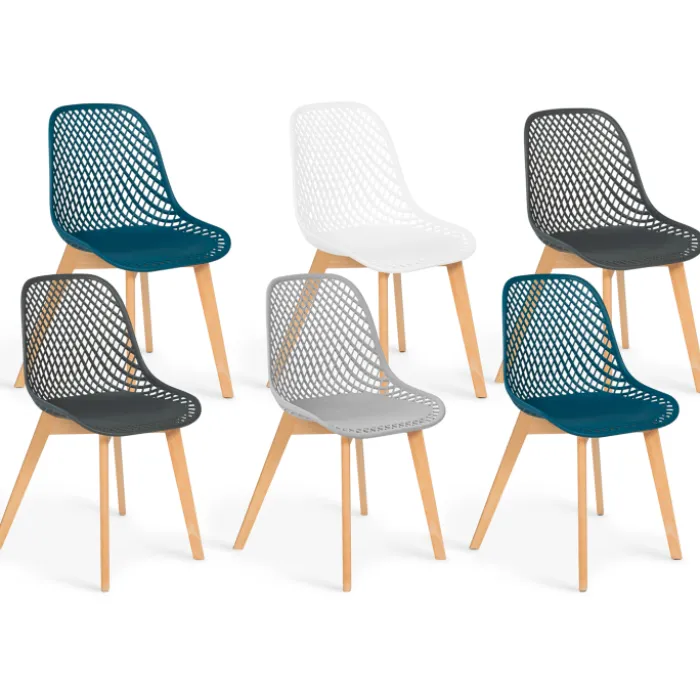 Chaises scandinaves bleu x2, blanc, gris clair et gris foncé x2 avec dossier ajouré