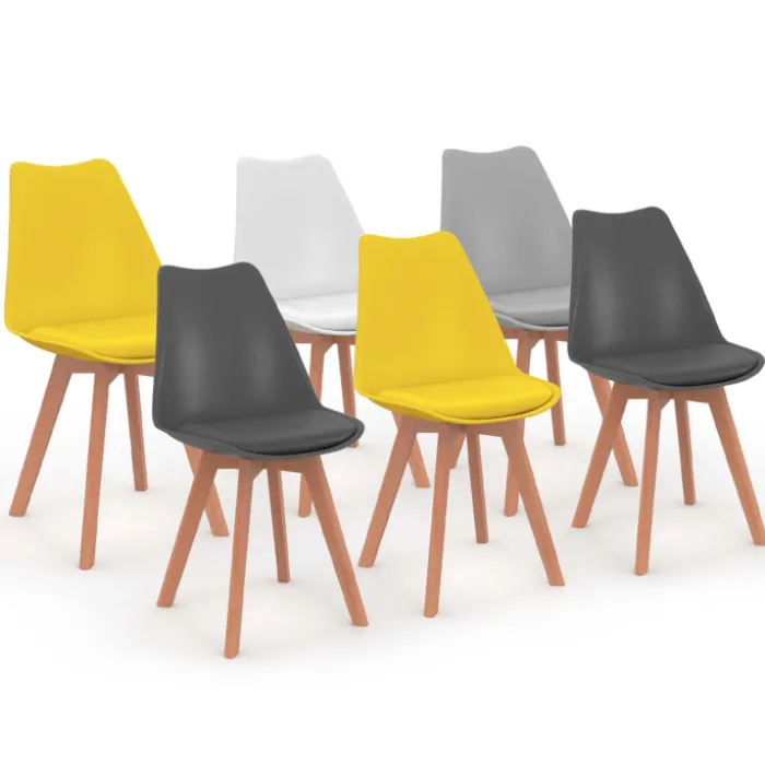 Chaises scandinaves mix color grises, blanches et jaunes
