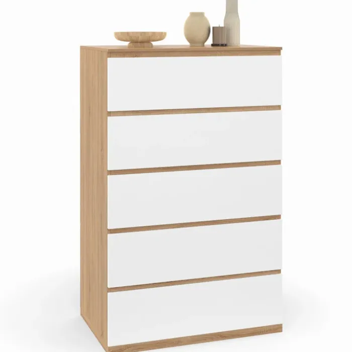Chiffonier commode semainier bois façon hêtre et blanc 60 cm 5 tiroirs