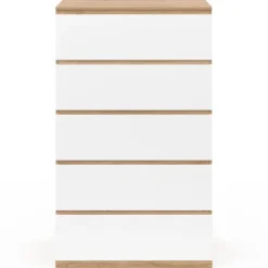 Chiffonier commode semainier bois façon hêtre et blanc 60 cm 5 tiroirs