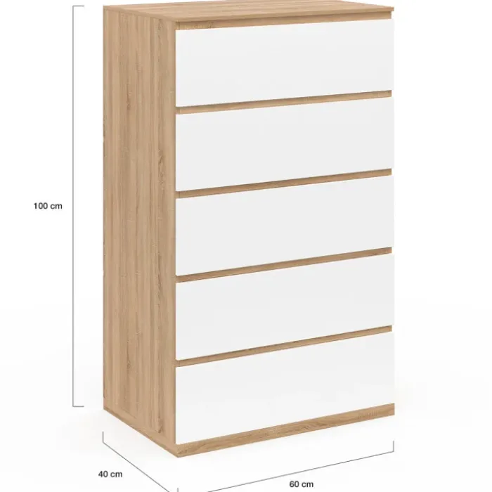 Chiffonier commode semainier bois façon hêtre et blanc 60 cm 5 tiroirs
