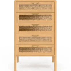 Chiffonier commode semainier cannage bois 5 tiroirs 60 cm