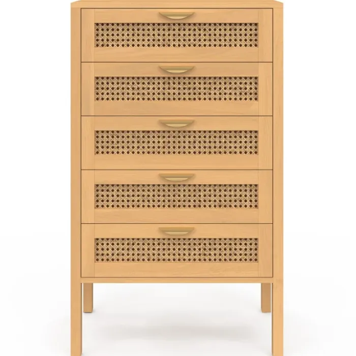 Chiffonier commode semainier cannage bois 5 tiroirs 60 cm