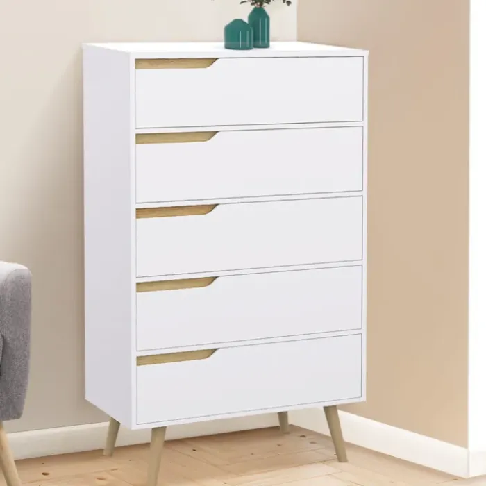 Chiffonnier 5 tiroirs bois et blanc style scandinave