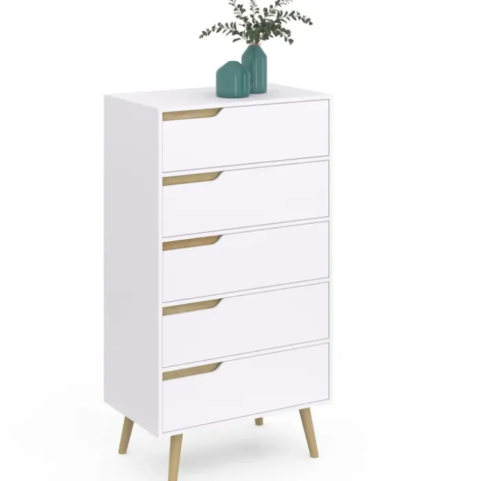 Chiffonnier 5 tiroirs bois et blanc style scandinave
