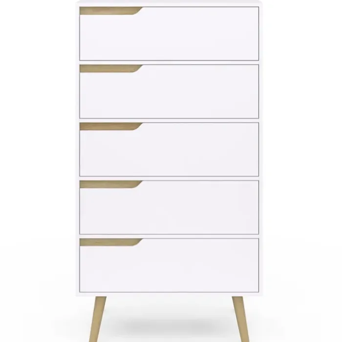 Chiffonnier 5 tiroirs bois et blanc style scandinave