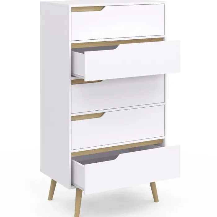 Chiffonnier 5 tiroirs bois et blanc style scandinave