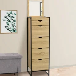 Chiffonnier industriel 40cm 5 tiroirs meuble d'entrée avec miroir