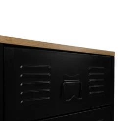 Chiffonnier industriel métal noir et imitation hêtre avec 5 tiroirs
