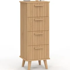 Chiffonnier lattes tasseau bois coloris chêne - meuble d'appoint 4 tiroirs 30 cm