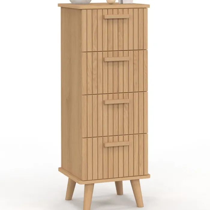 Chiffonnier lattes tasseau bois coloris chêne - meuble d'appoint 4 tiroirs 30 cm