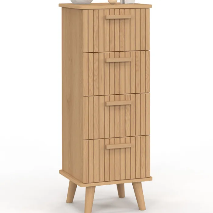 Chiffonnier lattes tasseau bois coloris chêne - meuble d'appoint 4 tiroirs 30 cm
