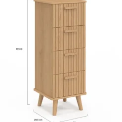 Chiffonnier lattes tasseau bois coloris chêne - meuble d'appoint 4 tiroirs 30 cm
