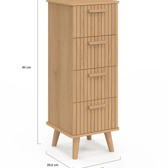 Chiffonnier lattes tasseau bois coloris chêne - meuble d'appoint 4 tiroirs 30 cm