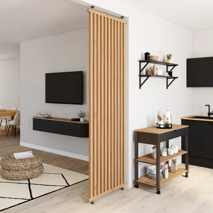 Cloison de séparation claustra 250 x 80 cm en tasseaux de bois coloris chêne