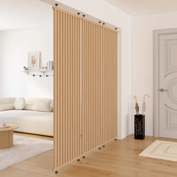 Cloison de séparation claustra 250 x 80 cm en tasseaux de bois coloris chêne