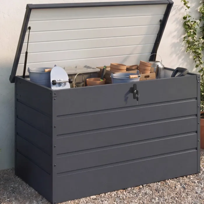 Coffre de rangement métal 810L verrouillable gris anthracite pour jardin 147x86x82 cm