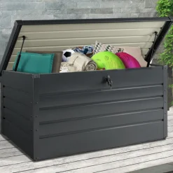 Coffre de rangement métal 810L verrouillable gris anthracite pour jardin 147x86x82 cm