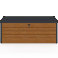 Coffre de rangement métal verrouillable effet bois et gris pour jardin 600L 165x70x63 cm