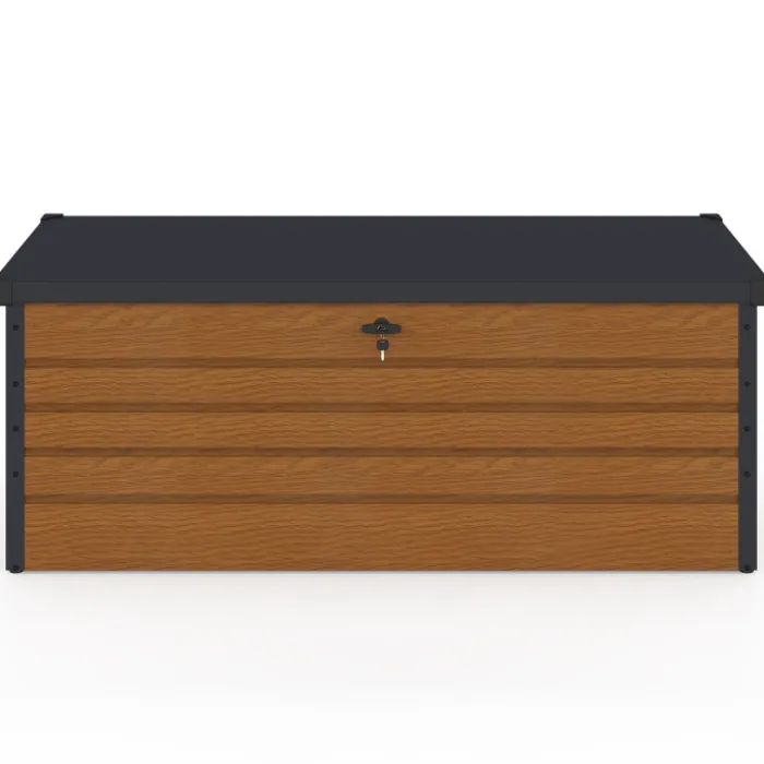 Coffre de rangement métal verrouillable effet bois et gris pour jardin 600L 165x70x63 cm