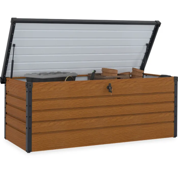 Coffre de rangement métal verrouillable effet bois et gris pour jardin 600L 165x70x63 cm
