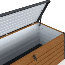 Coffre de rangement métal verrouillable effet bois et gris pour jardin 600L 165x70x63 cm