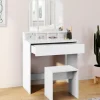 Coiffeuse 3 miroirs blanche avec 4 niches, 1 tiroir et tabouret