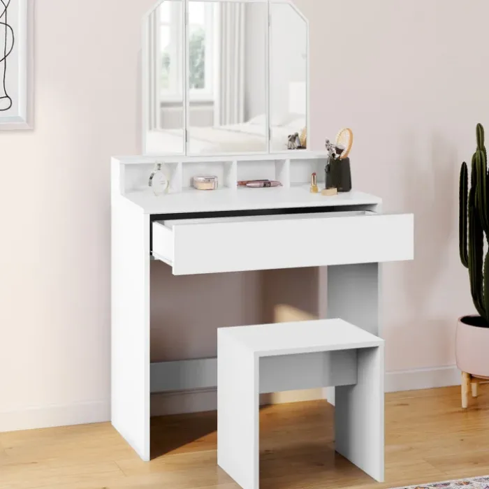 Coiffeuse 3 miroirs blanche avec 4 niches, 1 tiroir et tabouret