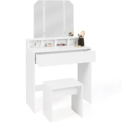 Coiffeuse 3 miroirs blanche avec 4 niches, 1 tiroir et tabouret