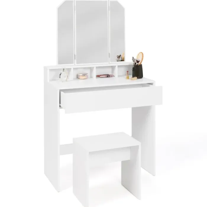Coiffeuse 3 miroirs blanche avec 4 niches, 1 tiroir et tabouret