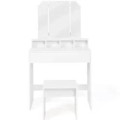 Coiffeuse 3 miroirs blanche avec 4 niches, 1 tiroir et tabouret