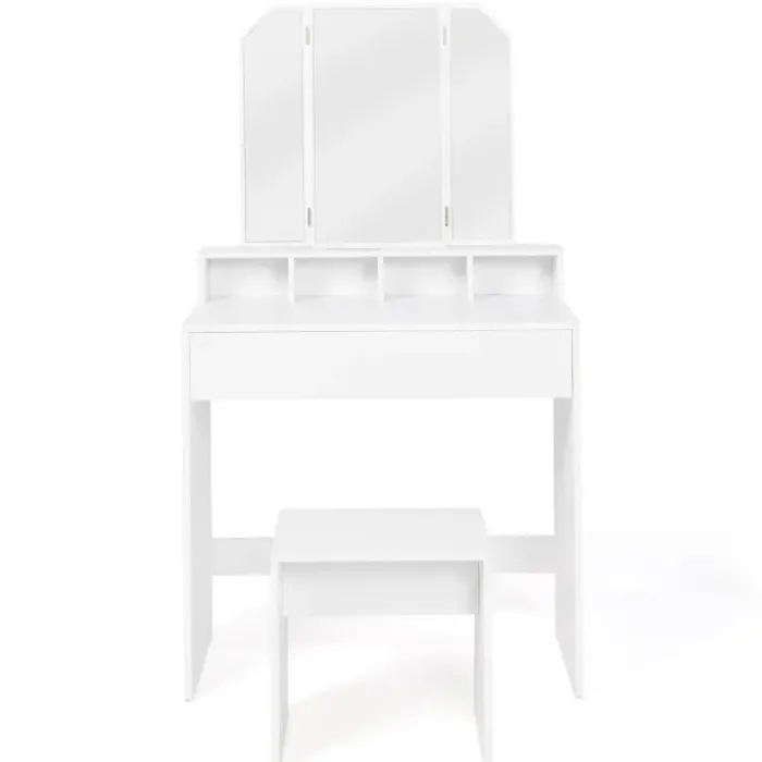 Coiffeuse 3 miroirs blanche avec 4 niches, 1 tiroir et tabouret